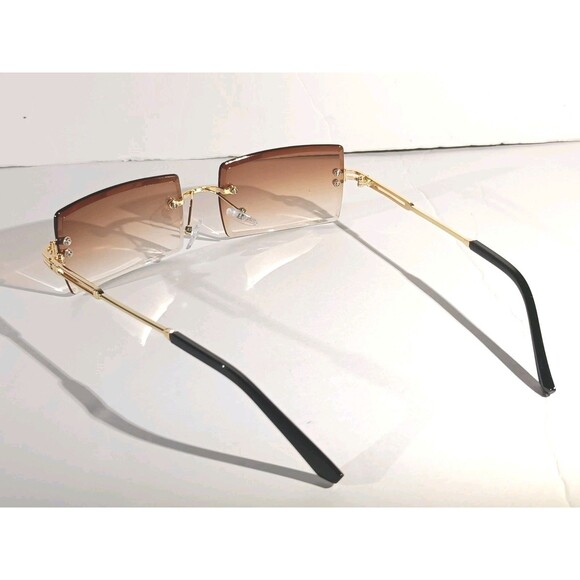 Rimless Square Sunglasses Brown Tint Unisex Metal Frame - Picture 7 of 9